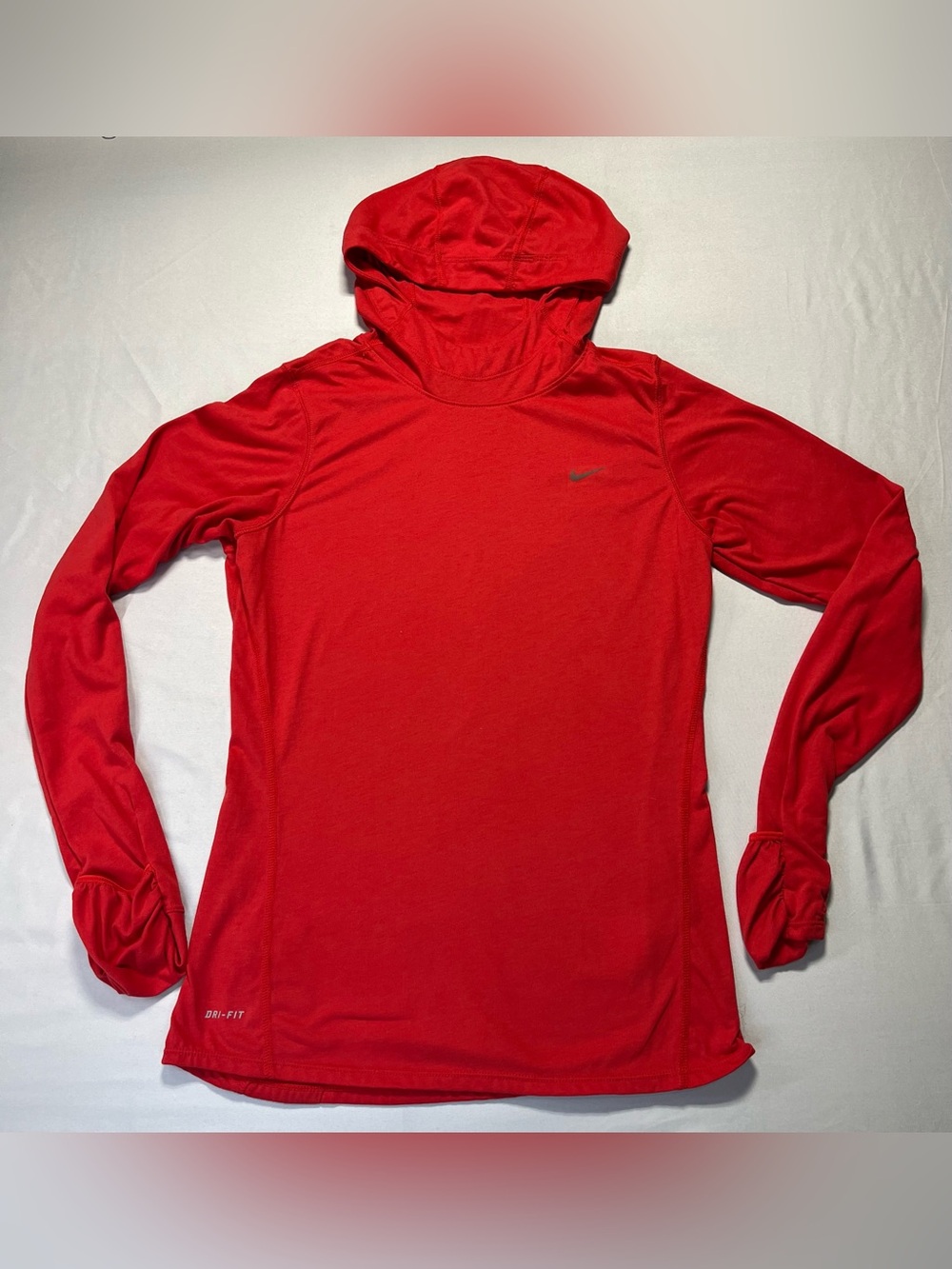 Nike Red Dri-FIT Hooded Running Shirt Mittens Cuffs - S